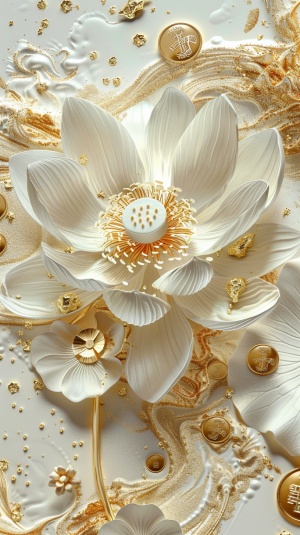 白色的莲花在白色的河水里绽放，上面布满了金币金沙金箔