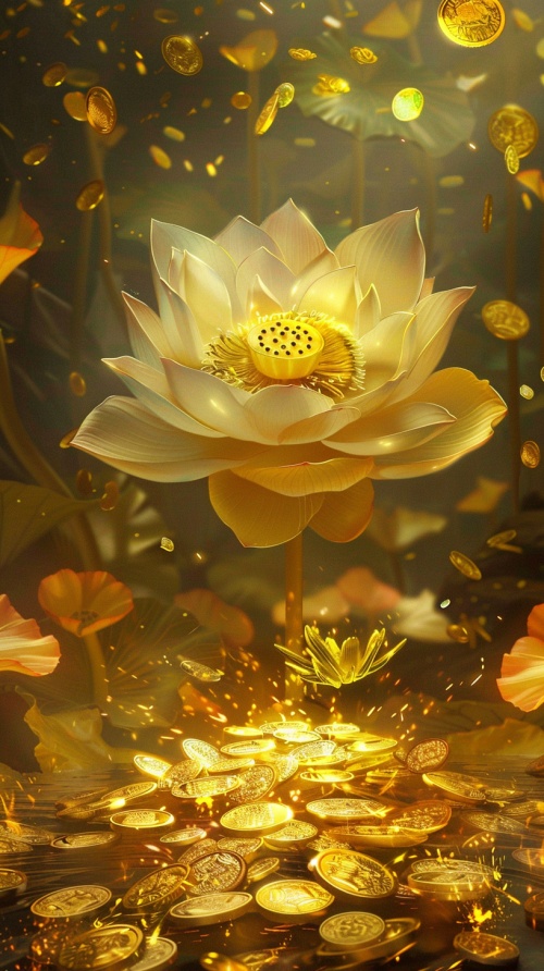 金光色的莲花在金光色的河水里绽放，上面布满了金币金沙金箔