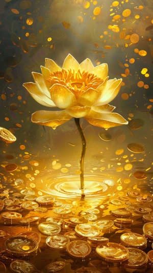 金光色的莲花在金光色的河水里绽放，上面布满了金币金沙金箔