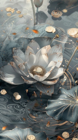 灰色的莲花在灰色色的河水里绽放，上面布满了金币金沙金箔
