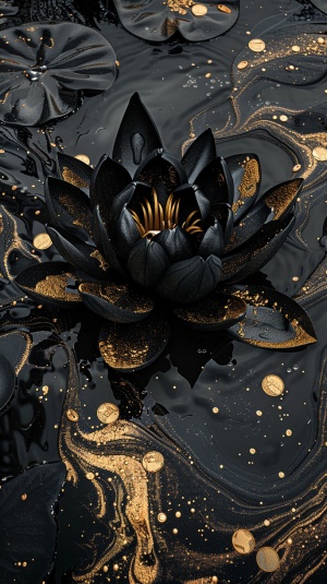黑色的莲花在黑色的河水里绽放，上面布满了金币金沙金箔