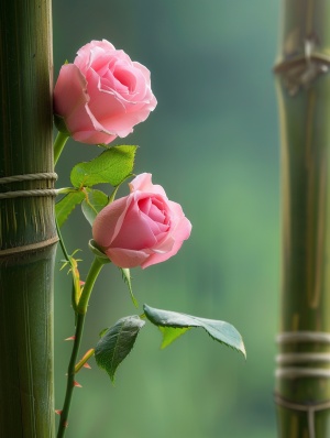 竹篱笆上三朵粉色蔷薇，微距摄影，远程，超高清