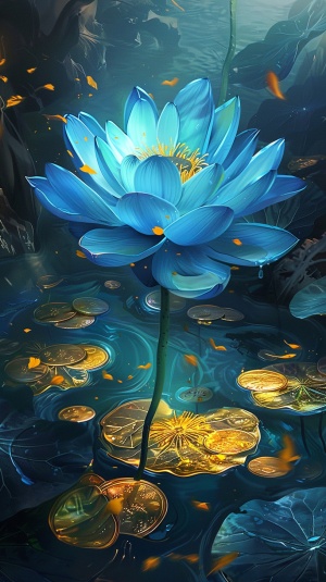 蓝色色的莲花在蓝色的河水里绽放，上面布满了金币金沙金箔