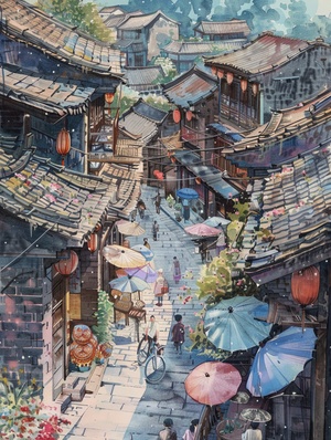 Animated illustrations in Xu Beihong's style depict the enchanting beauty of the ancient Chinese town of Longjiao, with vivid colors and lively brushstrokes embodying lifelike scenes, traditional buildings, narrow streets and flowery markets creating a nostalgic atmosphere, and dragon motifs and intricate details decorating the buildings, adding an air of myth and legend-s500