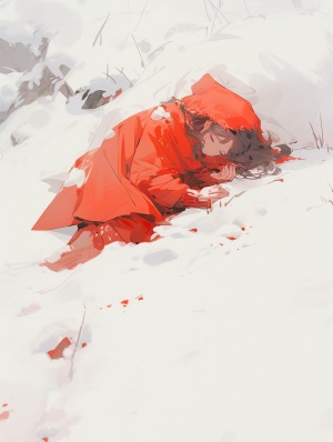 古风，苍茫雪地里一抹红色的学，一个女孩躺在茫茫大雪中，痛苦，血，广阔视角，俯视