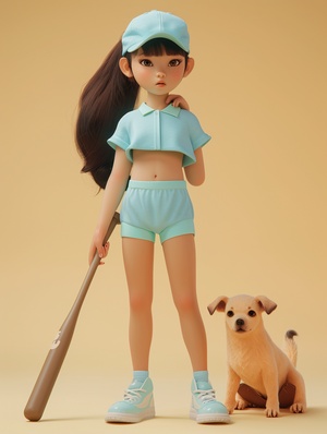 Envision a charming little girl adorned with a baseball cap, dressed in a light blue sportswear ensemble consisting of a short-sleeved top and matching shorts. She holds a baseball bat casually slung over her shoulder, standing confidently centered in the frame. Beside her, a small puppy gazes curiously at the screen. The background is a simple, solid color, providing a clean canvas that highlights the scene with a soft, diffused lighting reminiscent of a professional photography studio. The image is render