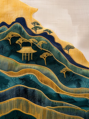 千里江山咒语：Chinese embroidery craft of a golden-blue-green mountain , with pavilions and trees, gilding, flowing liquid gold, minimalist color field, freehand brushwork, blank-leaving, organic form ar 3:4 v 6金蓝色青山的中国刺绣工艺，亭台楼阁，镀金，流金，极简色场，写意留白，有机形式#壁纸 #AIGC插画 #midjourney #midjourney咒语 #山水画 #中国风元素