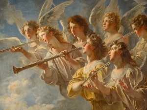 一群天使在拿着乐曲颂赞