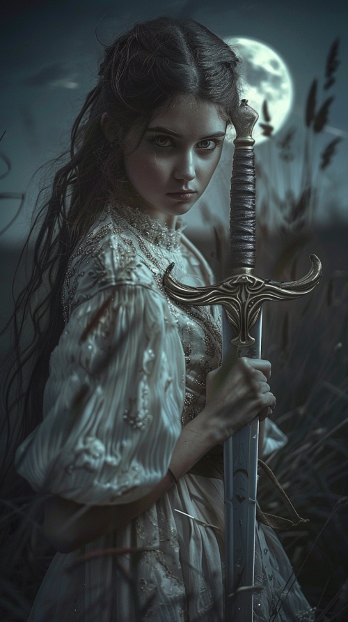 一个漂亮的小姐姐盘着头发，黑色坎肩，站在月光 下，手握一把宝剑，目视前方，摄影