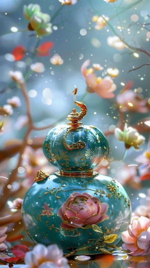A cyan exquisite double-layer small gourd is placed in the middle position with a glass style gilding feel, Small green gourds, It contains unlimited power, Gilt style in the sea of flowers, Shining with a mysterious light., Flower petals swaying in the wind, Like the stars, Bring eternal hope.