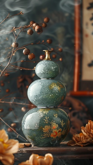 A cyan exquisite double-layer small gourd is placed in the middle position with a glass style gilding feel, Small green gourds, It contains unlimited power, Gilt style in the sea of flowers, Shining with a mysterious light., Flower petals swaying in the wind, Like the stars, Bring eternal hope.