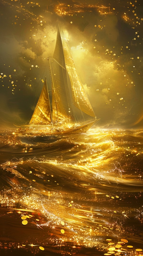 金光闪闪的一帆风顺再金色海洋里遨游，金色光芒万丈海洋吉飘着好多金币金沙金箔