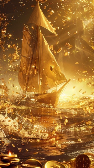 金光闪闪的一帆风顺再金色海洋里遨游，金色光芒万丈海洋吉飘着好多金币金沙金箔
