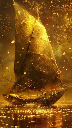一艘超级大的金帆金光闪闪的一帆风顺再金色海洋里遨游，金色光芒万丈海洋吉飘着好多金币金沙金箔