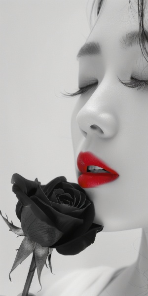 Elegant Shanghai woman, beautiful eyes, long eyelashes, red lips, kissing a dark black Buck rose, casual shot, smooth lines, pure white background, simple, ethereal zen, ar 3:4 quality 0.5 style raw stylize 350