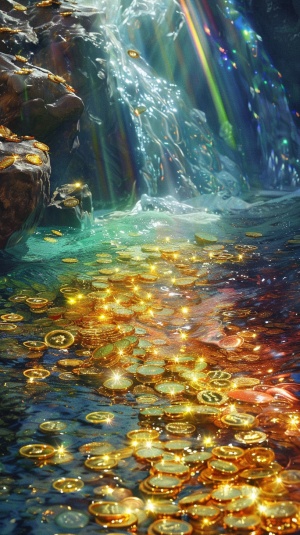 彩虹色的清澈的流动的河水，里面有好多金币，金沙金箔