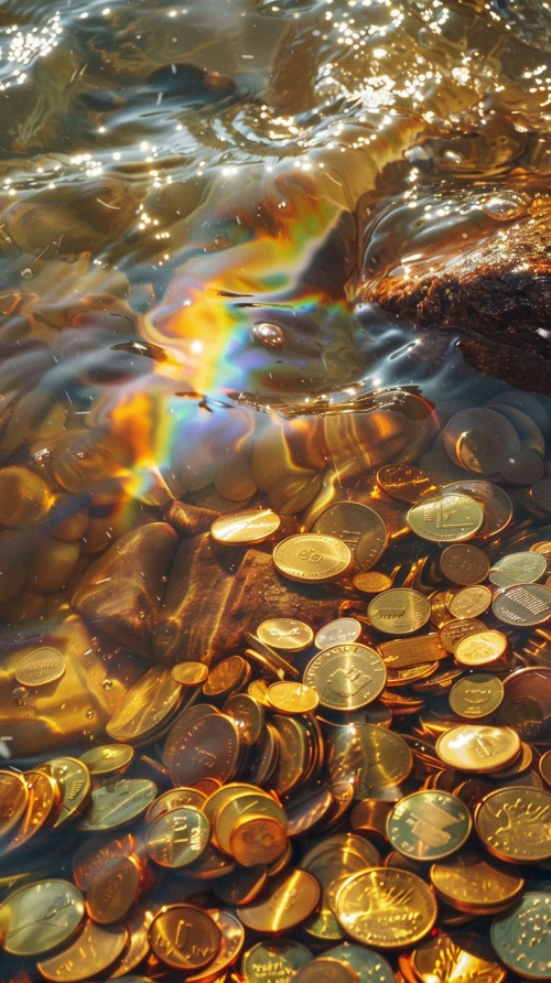 彩虹色的清澈的流动的河水，里面有好多金币，金沙金箔，彩虹光芒万丈