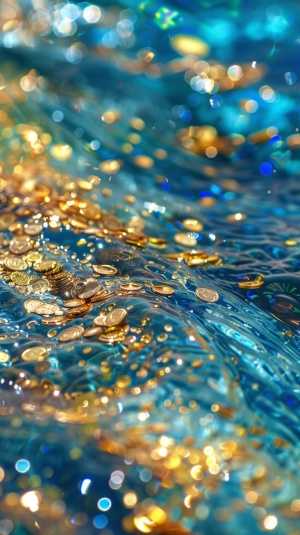 青色的清澈的流动的河水，里面有好多金币，金沙金箔，彩虹光芒万丈