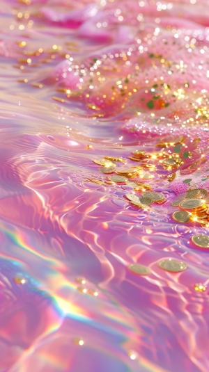 粉红色的清澈的流动的河水，里面有好多金币，金沙金箔，彩虹光芒万丈