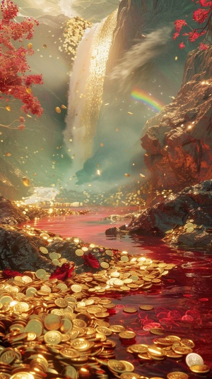 红色的清澈的流动的河水，里面有好多金币，金沙金箔，彩虹光芒万丈