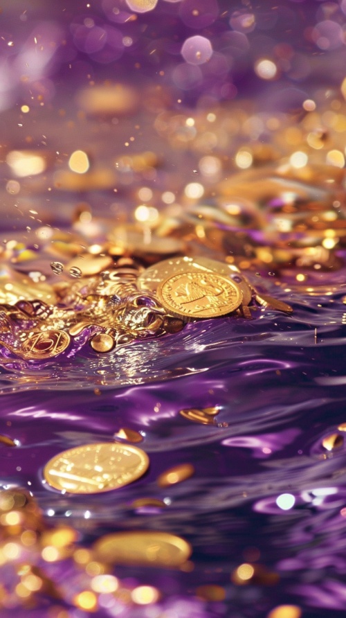 紫色的清澈的流动的河水，里面有好多金币，金沙金箔，彩虹光芒万丈