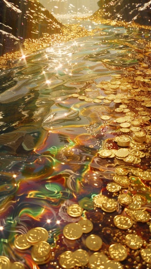 黄色的清澈的流动的河水，里面有好多金币，金沙金箔，彩虹光芒万丈