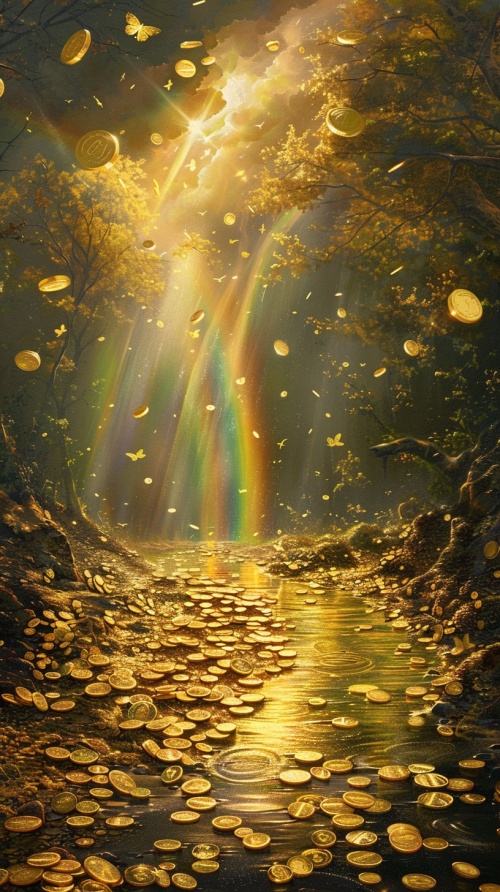 金色的清澈的流动的河水，里面有好多金币，金沙金箔，彩虹光芒万丈