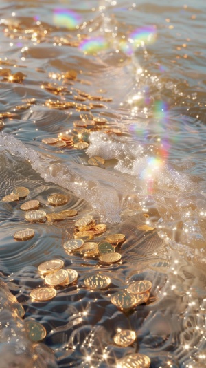 灰色的清澈的流动的河水，里面有好多金币，金沙金箔，彩虹光芒万丈