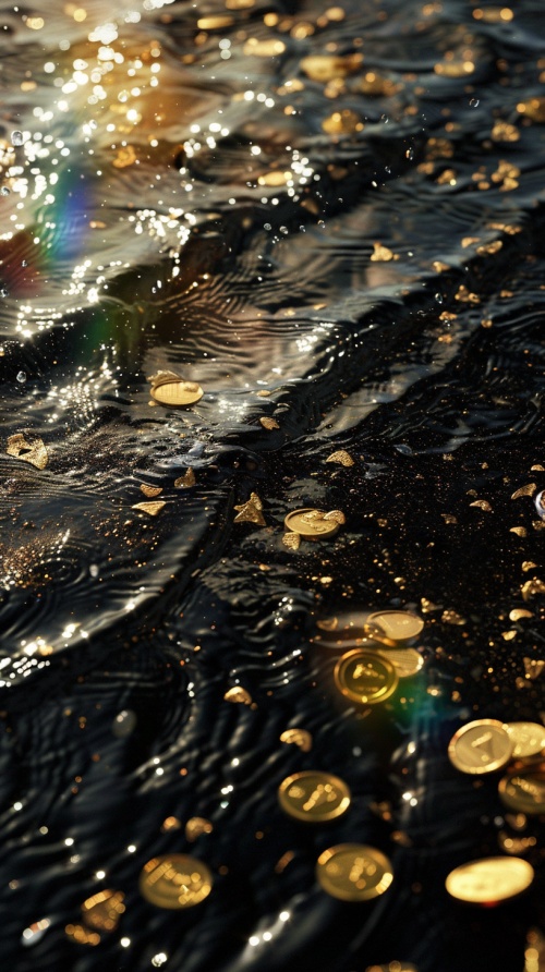黑色的清澈的流动的河水，里面有好多金币，金沙金箔，彩虹光芒万丈