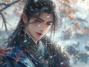 A 29 year old Chinese boy wearing a necklace, inspired by Sim Sa jeong, Azure. Fine hair, winter prince, ice prince, plump, antique style artwork, lce and monarch, fantasy aesthetics Guvez,8K high-qualitydetailed art,sweet smile, full body shot, snow scene, action shot