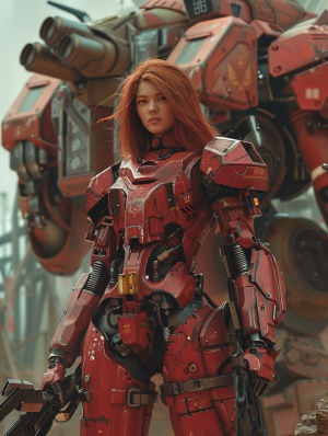 漂亮女战士，穿着红色科技战服，红色长头发，手里有武器。站在巨大的机甲前