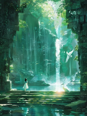 背景以翠绿色和蓝色为主色调。故事发生在异世界的奇幻世界。在画面中一位可爱的女孩背对而立,旁边是两个通向一个反射阳光的湖泊的三个大台阶。一侧站着一只优雅的朱鹮。在女孩的正上方是一个神奇的传送门,有一个天河瀑布，可以通过这个传送门在不同世界之间旅行。画面描绘了可爱女孩和朱鹮在宫崎骏动漫画风格的葱郁景观中。