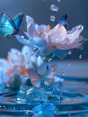 透明莫兰迪蓝色蝴蝶落在蓝色的水晶花上，有种蝶恋花的感觉晶莹剔透美不胜收全息风格花花在水中