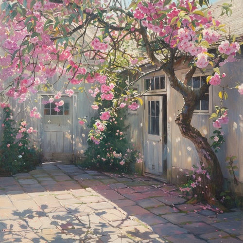 s.mj.runw_op2KTyvRE early morning, gentle sunshine, farmhouse courtyard, pink crabapple flower long hanging, high definition