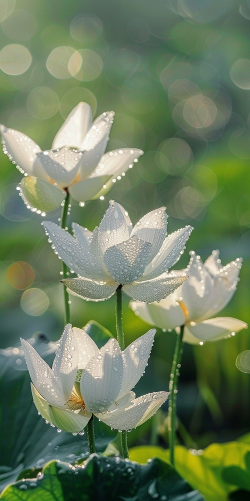 After the rain, white lotus flowers blooming on green leaves with water droplets hanging from them, delicate and beautiful. The background is a blurred grassland, with clear details of dewdrops shining in light. This photo captures the moment when sunlight shines through the petals, creating an elegant atmosphere. The delicate texture of the flower petals, sparkling crystal-like beads,adds to its natural beauty in the style of high definition photography. ar 1:2高清壁纸，18k
