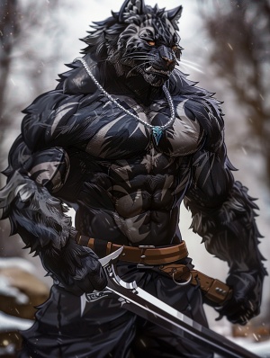 全身漆黑, 肌肉发达, 黑豹兽人, 毛绒绒, 腰跨黑色大刀