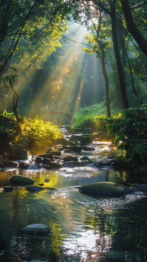 小溪，森林，阳光，静谧，治愈系，生命的力量，爱