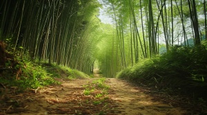 春天早晨，一条泥土小路，小路两边全是竹子，竹下有胖胖的竹笋，镜头由近及远，高清
