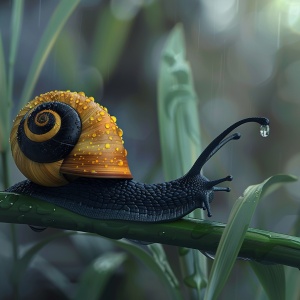 小雨过后，一只黑黄相间的大蜗牛在一片竹叶上，伸出触角慢慢的爬行，竹叶肩上有一滴快要落下的水滴水，闪闪发光，背景虚化，高清