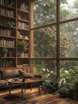 森林中的木屋，超大的玻璃窗，窗外鲜花环绕，还有绿色植物，屋内放着柔软的沙发，靠着一个木质的书架，沙发前有个小木桌，散落着放着咖啡杯和打开的书，看着外面的大雨冲刷着地上的尘土和树叶，温馨的灯光照亮着整个院子，有种说不出来的美感，宁静，超真实，相机拍摄效果。