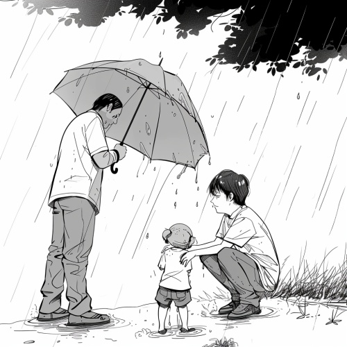天下着大雨，爸爸用雨伞帮孩子遮雨，自己被雨淋湿了身