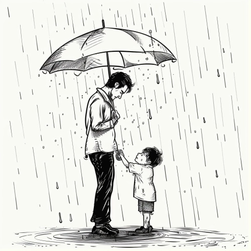 天在下大雨，父亲用雨伞给孩子遮雨，父亲被雨水淋湿了身。