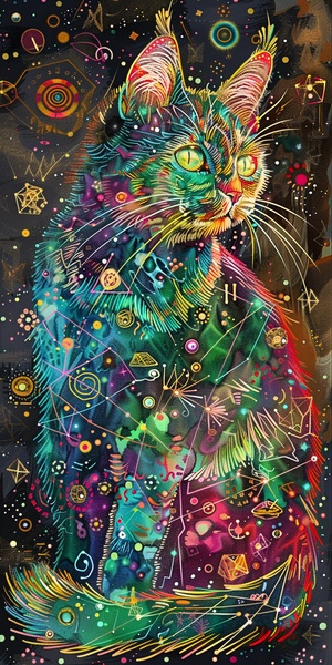 a meticulously crafted portrayal of a fantasy cat adorned in vibrant Lemon Green, Cherry Red, and Sky Blue hues. Quantum dots dance across its fur,mirroring energy levels through swirling cosmic gold patterns. The composition includes elements like pearly dewdrops, refraction diffraction,ferrofluid dynamics, asymmetrical polyhedra toys,ornate line tracings, and intricate details reminiscent of akashic records. The visual experience is enhanced by the use of octane render, culminating in a mesmerizing displa