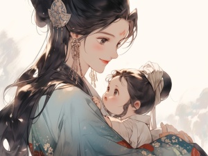 一个穿着浅蓝色连衣裙的黑发黑眸中国古代风女性，抱着着一个一岁孩子，