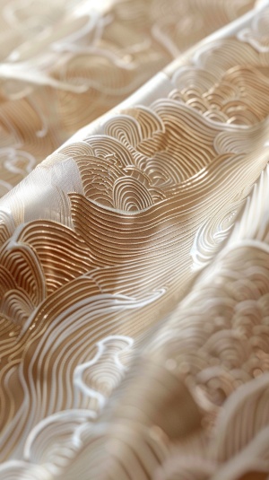 the undulating satin brocade has a chinese pattern on it. An unrolled ancient Chinese rice paper scroll, standing up and placed, silk refracts light. silk light sense, looking up perspective, miniature landscape, flow, large area white, ray tracing, close-up blur, silk refracted light, silk light sense, miniature landscape, three-dimensional sense ar 16:9style raw v 6.0s 250
