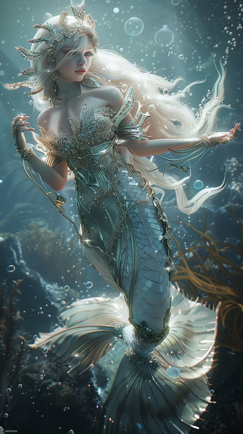 Dusk weather, highestpicture quality, masterpiece, exquisite CG, merman, delicate and beautiful five phases, golden hair, every scale of the body is three dimensional, silver scales shine like diamonds, transparent skin, delicate and intricate hair accessories, gorgeous highlights, floating bubbles, perfect thorax curves, full body portraits, surrounded by the sea floor, beautiful, charming, shiny, perfect, Ultra HD, 16k, HD， quadratic m e t a model, 2.5D model q 2 niji 5