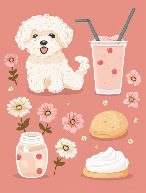 可爱插画风格的饼干、小花、小狗玩偶和珍珠奶茶