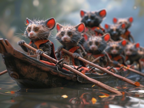 十只狸花猫坐在龙舟中卖力划