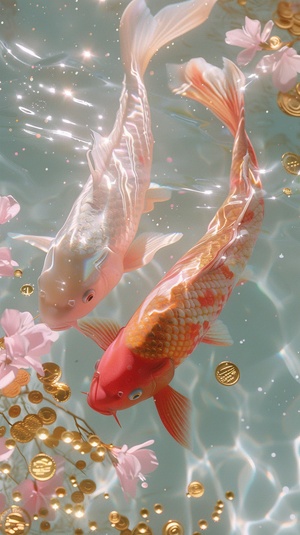 Pink carp swimming in clear water, lots of golden corns,pink and gold petals,one pink koi fish and one golden koi fish with long tails at the bottom of a sparkling white pool, gold dust, sparkle, gold coins, luick,light and shadow effects, in the style of surrealism, y2k aesthetics, soft edges, high resolution photography, fantastic realism. I can't believe how beautiful it is.