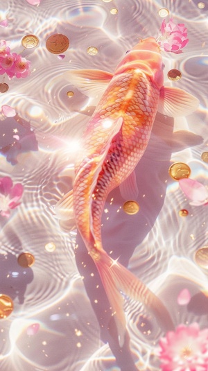 Pink carp swimming in clear water, lots of golden corns,pink and gold petals,one pink koi fish and one golden koi fish with long tails at the bottom of a sparkling white pool, gold dust, sparkle, gold coins, luick,light and shadow effects, in the style of surrealism, y2k aesthetics, soft edges, high resolution photography, fantastic realism. I can't believe how beautiful it is.